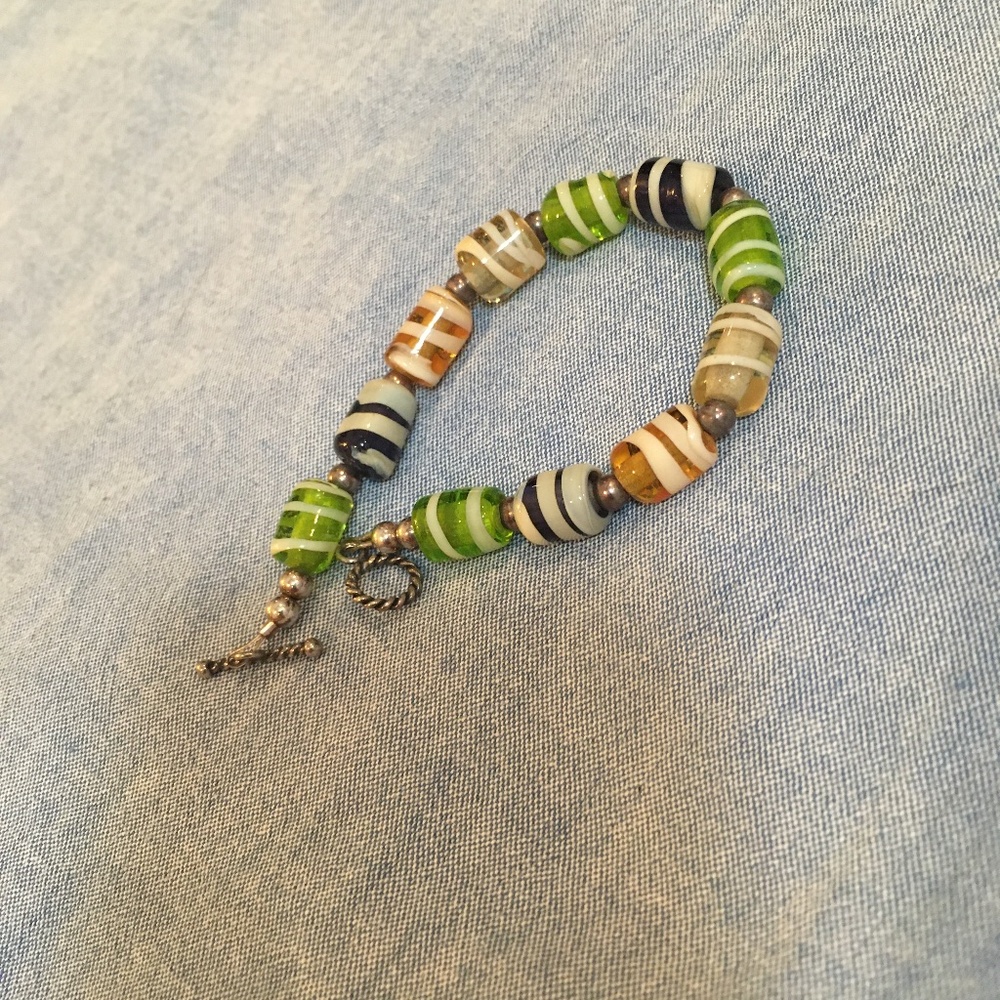 Handmade glass bead bracelet with T-clasp